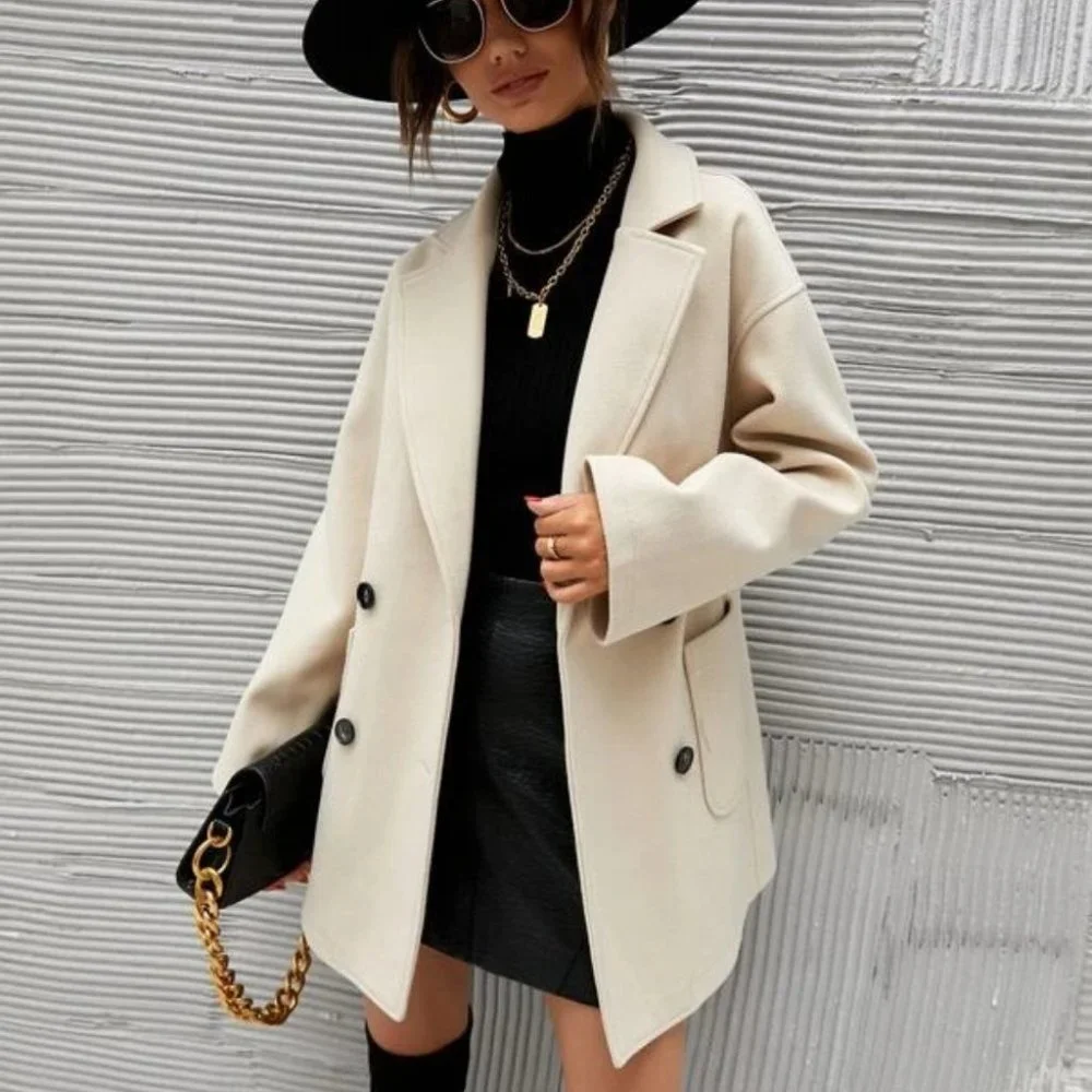 Classic Double Breasted Pea Overcoat jacket fall/winter - beige - Picture 4 of 11